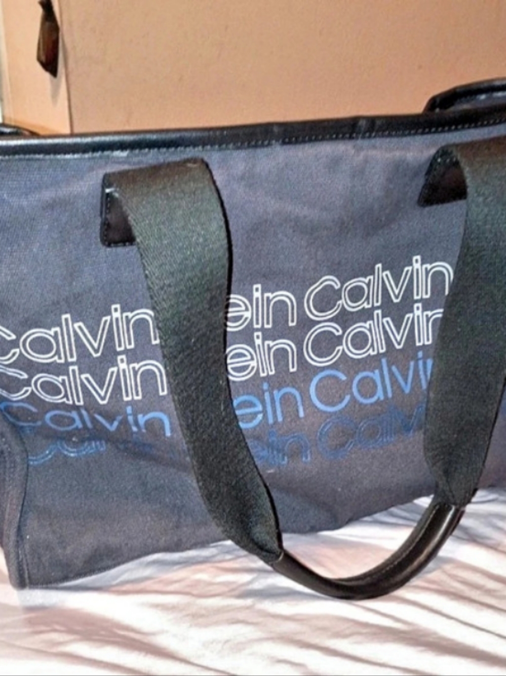 Calvin Klein Black Navy Canvas Stacked Logo Spellout Shoulder Tote Bag